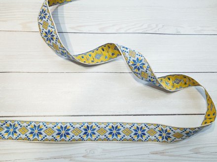 Жакардова стрічка з українським орнаментом, 23мм, жовто-блакитна